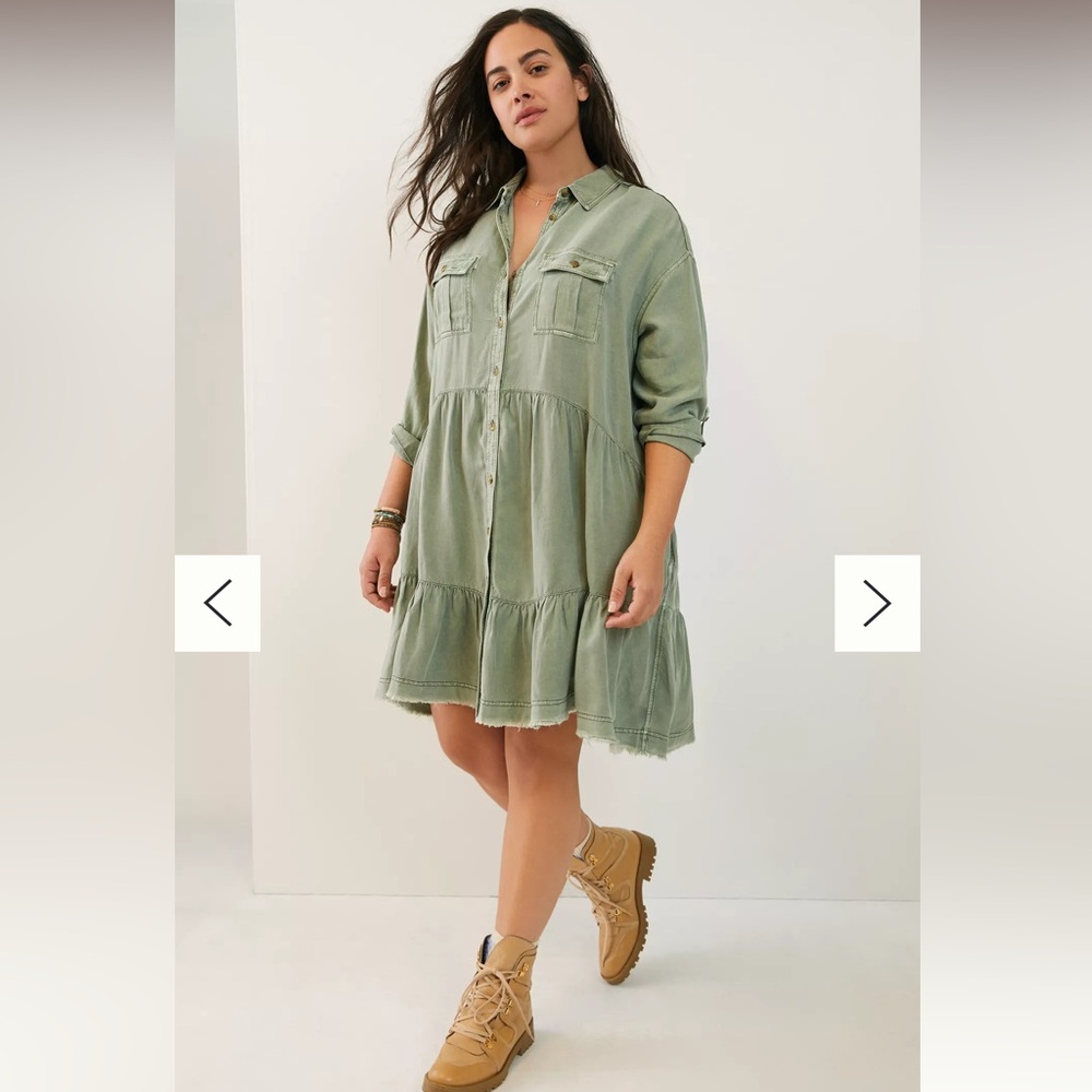 Pilcro Anthropologie Deanne Tiered Mini Shirtdress in Moss 1X